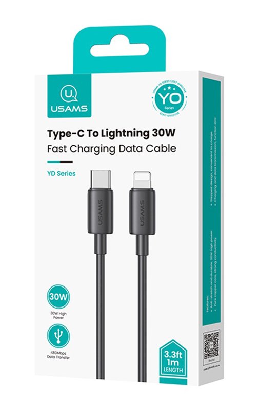 USAMS καλώδιο Lightning σε USB-C US-SJ712, 30W, 480Mbps, 1m, μαύρο - Image 3