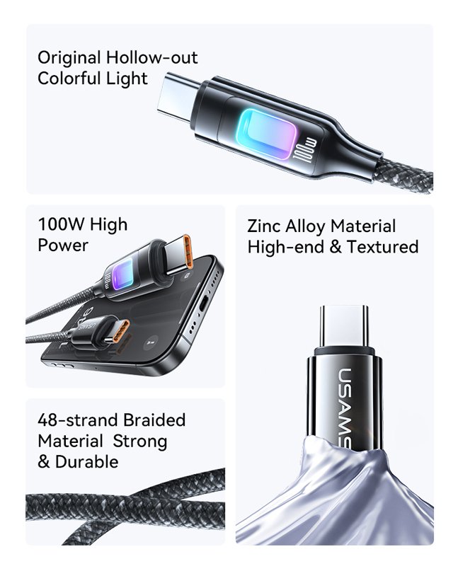 USAMS καλώδιο USB-C SJ750, 100W, 480Mbps, 1.2m, μαύρο - Image 2