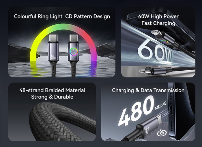 USAMS καλώδιο USB-C SJ752, 60W, 480Mbps, 1.2m, μπεζ - Image 2