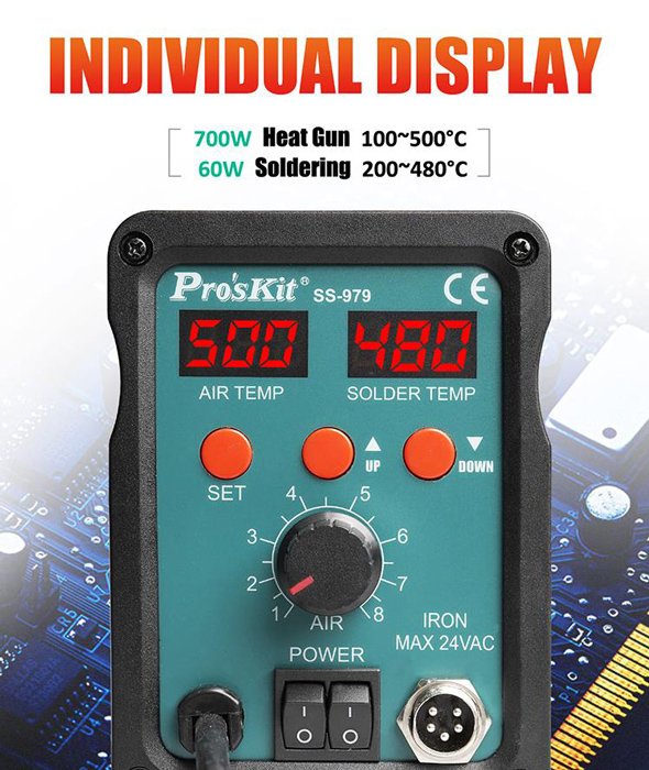 PROSKIT σταθμός συγκόλλησης SS-979B, κολλητήρι/air gun, 760W, 200-480 °C - Image 5