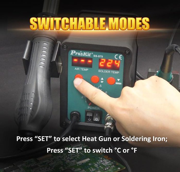 PROSKIT σταθμός συγκόλλησης SS-979B, κολλητήρι/air gun, 760W, 200-480 °C - Image 8