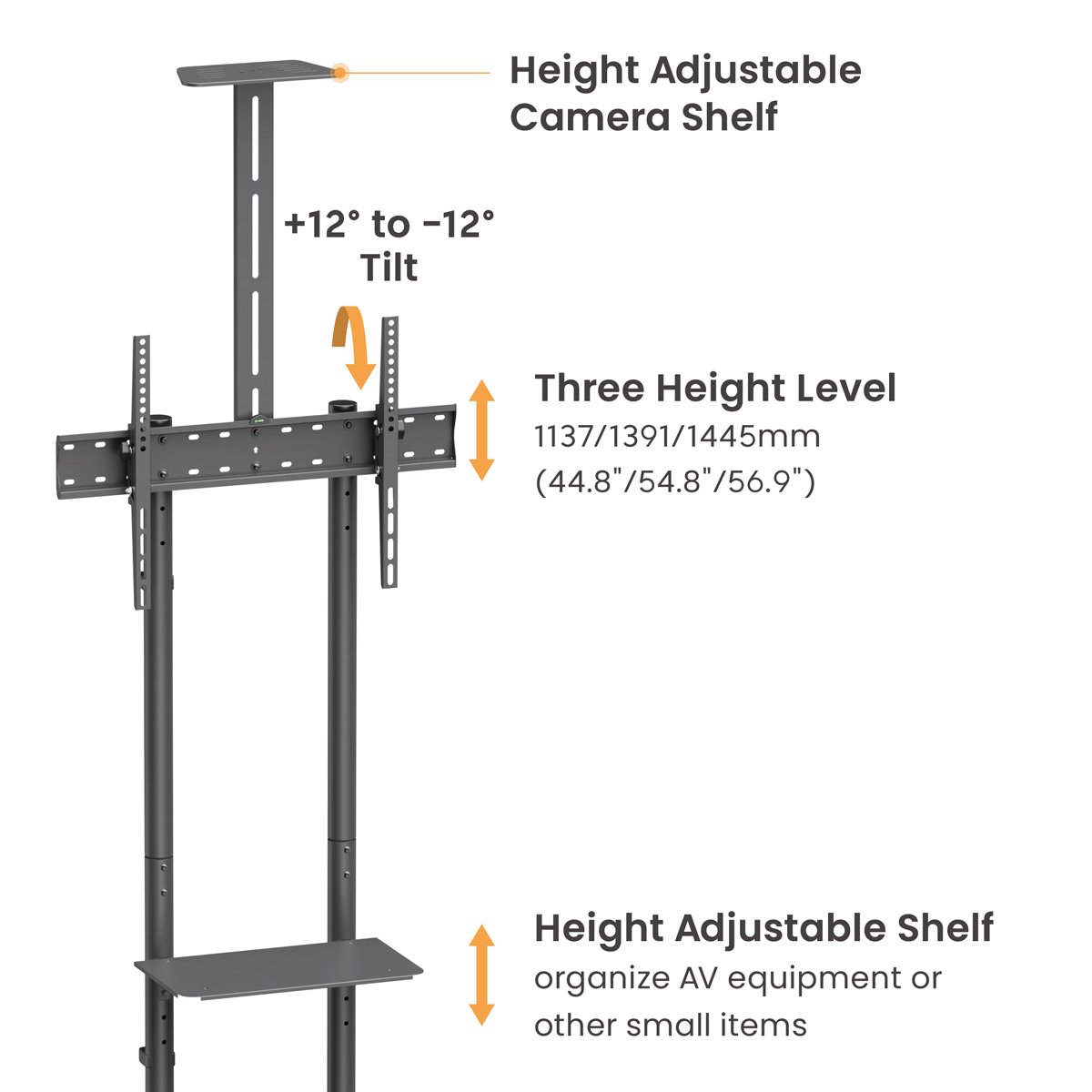 BRATECK βάση τηλεόρασης δαπέδου T1042T, 37-70", έως 45kg, με ράφια & ροδάκια - Image 3