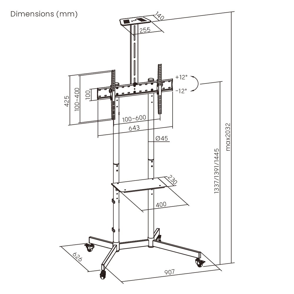 BRATECK βάση τηλεόρασης δαπέδου T1042T, 37-70", έως 45kg, με ράφια & ροδάκια - Image 7
