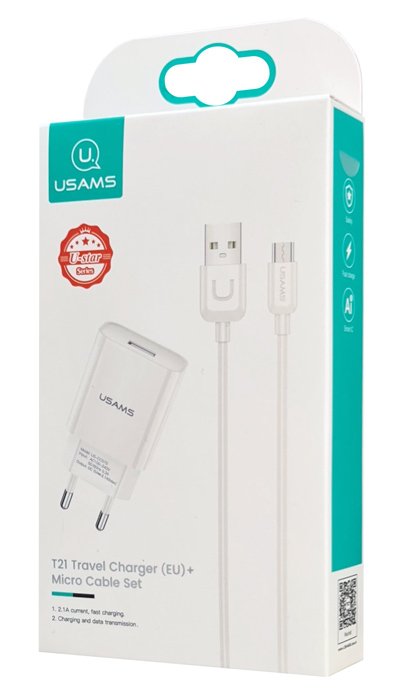 USAMS φορτιστής τοίχου T21OCMC01 με καλώδιο Micro USB, USB 2.1A, λευκός - Image 3