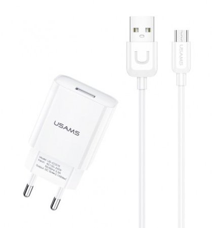 USAMS φορτιστής τοίχου T21OCMC01 με καλώδιο Micro USB, USB 2.1A, λευκός