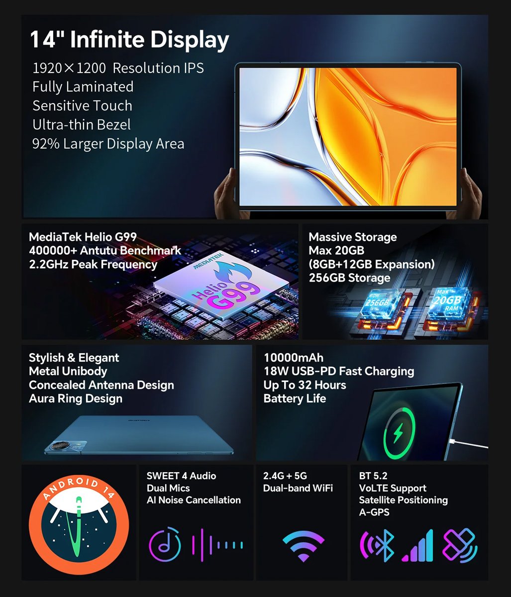 TECLAST tablet T70, 14", 8/256GB, 4G, Android 14, 10000mAh, μπλε - Image 10