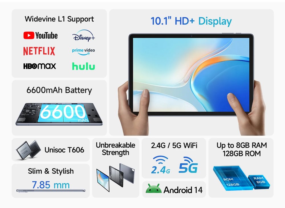 ULEFONE tablet Tab W10, 10.1" HD+, 4/128GB, 6600mAh, Android 14, γκρι - Image 10
