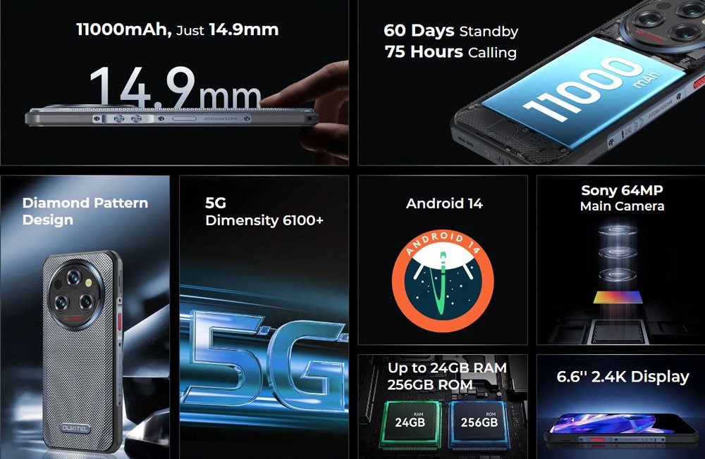 OUKITEL smartphone WP35, 6.6", 8/256GB, 5G, 11000mAh, IP68/IP69K, γκρι - Image 2