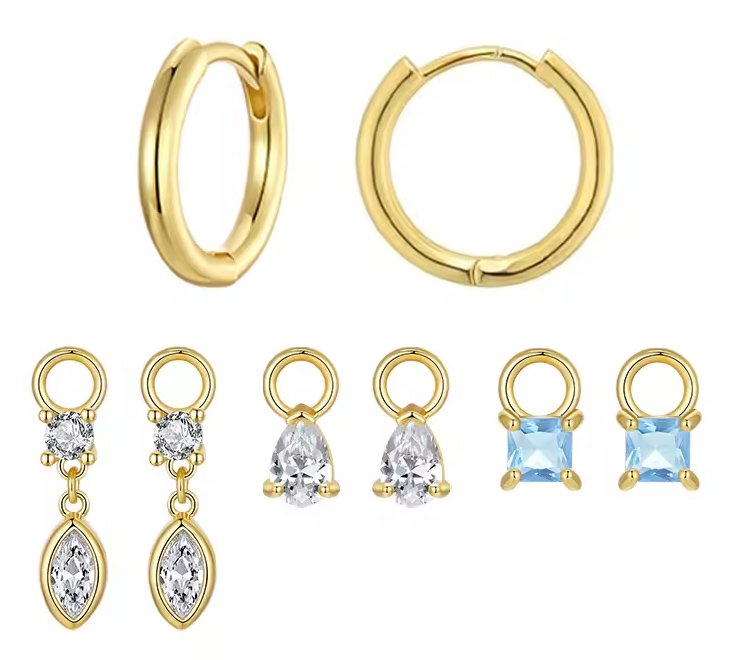 BAMOER σκουλαρίκια κρίκοι YIE262 με 3x σετ charm, κυβική ζιρκόνια, χαλκός, χρυσό