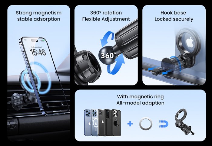USAMS βάση smartphone αυτοκινήτου US-ZJ075, αεραγωγών, μαγνητική, μαύρη - Image 3