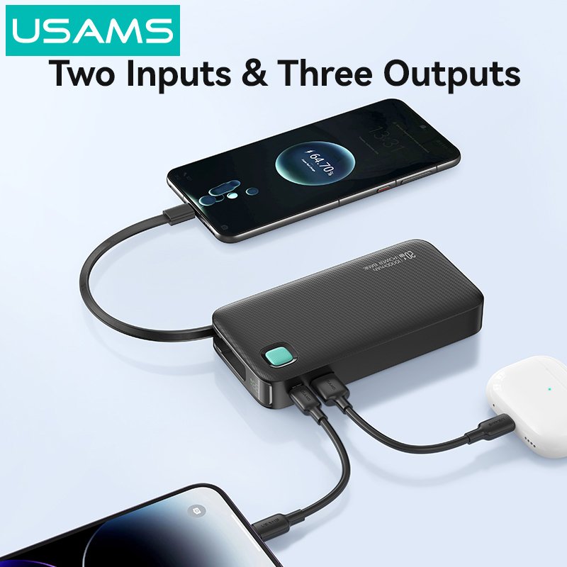 USAMS power bank CD224 με καλώδιο USB-C, 2x θύρες εξόδου, 10000mAh, 20W, μαύρο 8340 - Image 2