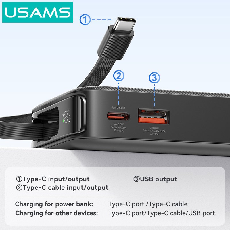 USAMS power bank CD224 με καλώδιο USB-C, 2x θύρες εξόδου, 10000mAh, 20W, μαύρο 8340 - Image 4