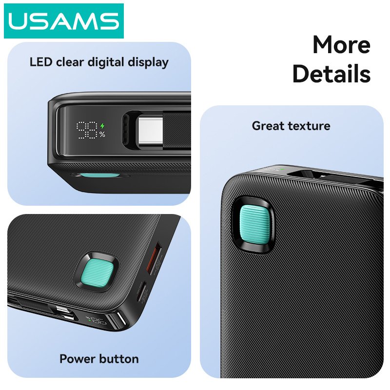 USAMS power bank CD224 με καλώδιο USB-C, 2x θύρες εξόδου, 10000mAh, 20W, μαύρο 8340 - Image 5