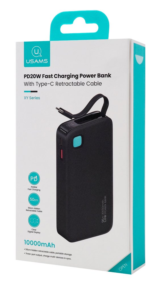 USAMS power bank CD224 με καλώδιο USB-C, 2x θύρες εξόδου, 10000mAh, 20W, μαύρο 8340 - Image 6