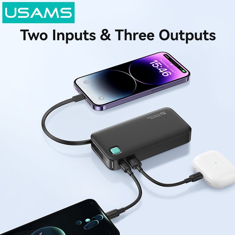 USAMS power bank CD225 με καλώδιο Lightning, 2x θύρες εξόδου, 10000mAh, 20W, μαύρο 8342 - Image 2