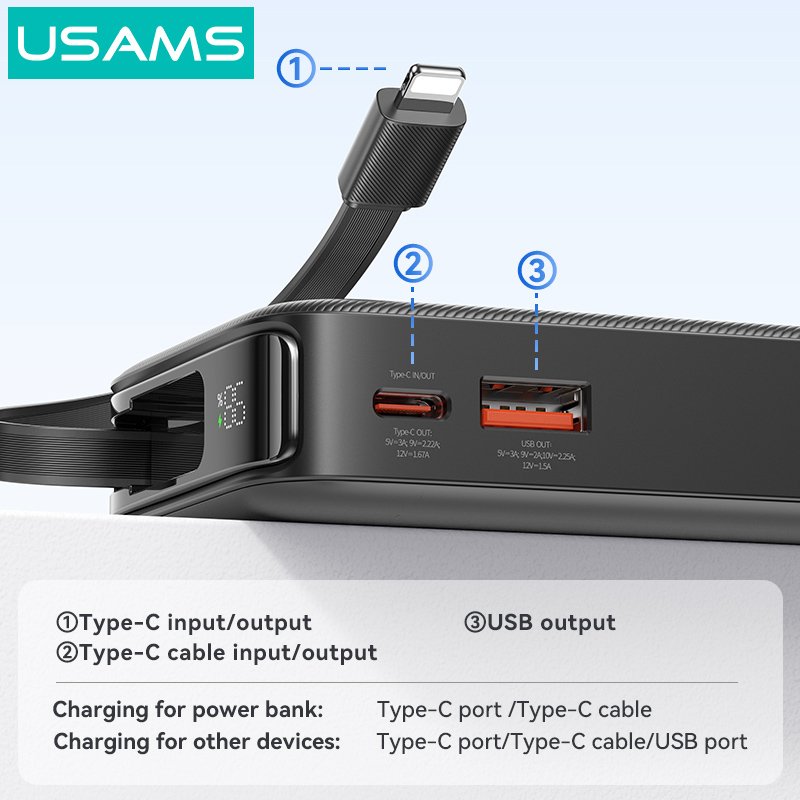 USAMS power bank CD225 με καλώδιο Lightning, 2x θύρες εξόδου, 10000mAh, 20W, μαύρο 8342 - Image 4