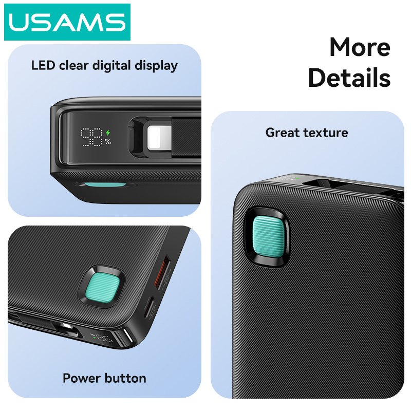 USAMS power bank CD225 με καλώδιο Lightning, 2x θύρες εξόδου, 10000mAh, 20W, μαύρο 8342 - Image 5
