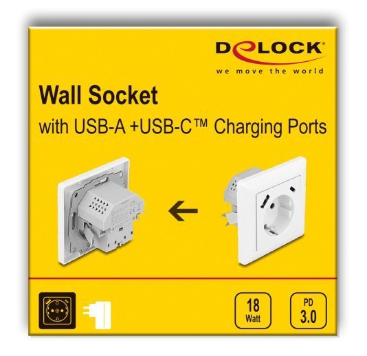 DELOCK πρίζα τοίχου με θύρες φόρτισης USB & USB-C, 18W PD, λευκή 6550 - Image 4