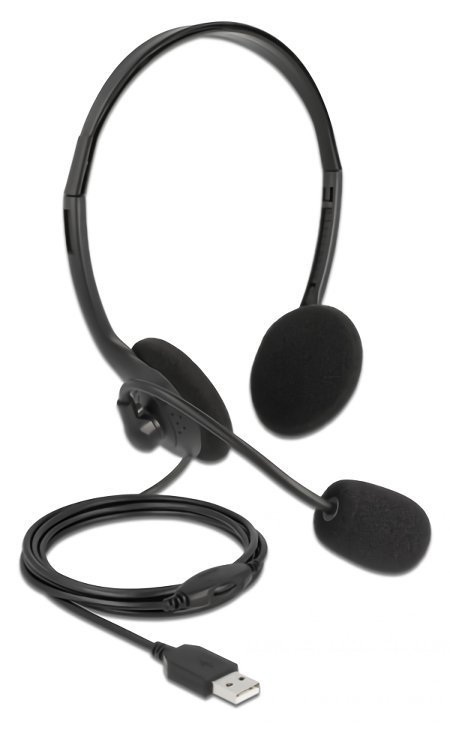 DELOCK headphones με μικρόφωνο , stereo, USB, volume control, μαύρα 2987
