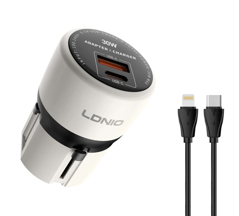 LDNIO φορτιστής τοίχου Q2319 με καλώδιο Lightning, EU/UK/US/AU βύσμα, USB/USB-C, 30W, γκρι 9357