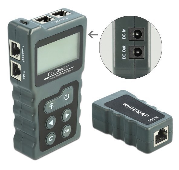 DELOCK tester καλωδίων με οθόνη , RJ45, PoE, DC, γκρι 2710