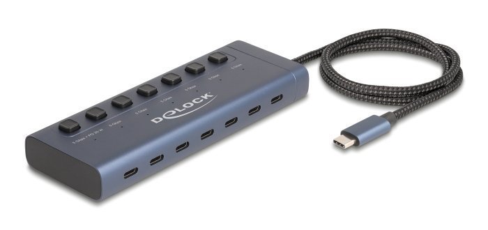 DELOCK USB-C hub με διακόπτες, 7x θυρών, 5Gbps, 20W, USB-C σύνδεση, μπλε 7990
