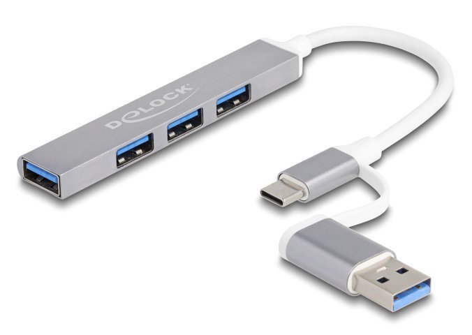 DELOCK USB hub , 4x θυρών, 5Gbps, USB & USB-C σύνδεση, γκρι 5442