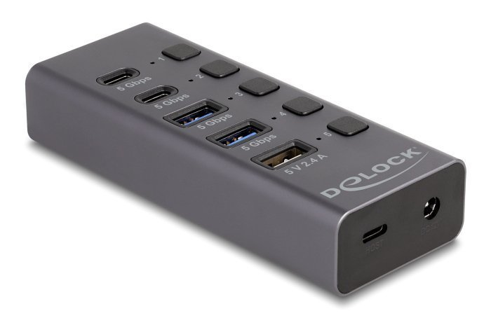 DELOCK USB hub  με διακόπτες, 5x θυρών, 5Gbps, USB/USB-C σύνδεση, γκρι 7790