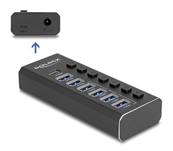 DELOCK USB hub  με διακόπτες, 7x θυρών, 10Gbps, USB/USB-C σύνδεση, μαύρο 8529