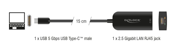 DELOCK αντάπτορας δικτύου , USB-C, 2.5Gbps Ethernet, μαύρος 8146 - Image 2
