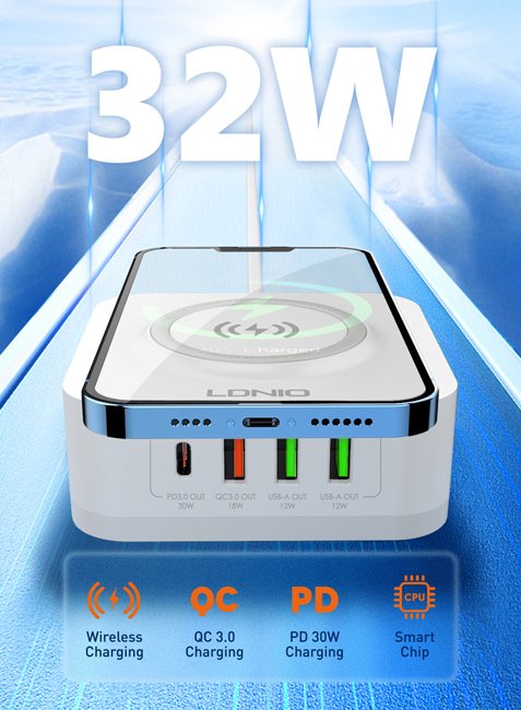 stathmos fortisis AW004, USB-C/3x USB/wireless, 32W, PD/QC, leykos 5189 30-44W