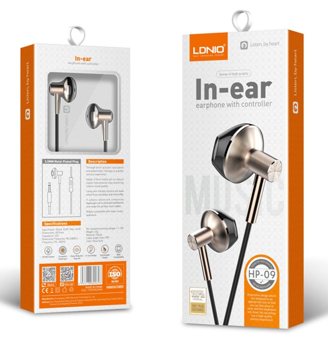 earphones me mikrofono HP09, 3.5mm syndesi, F13mm, 1.2m, roz chryso 5662 3.5mm
