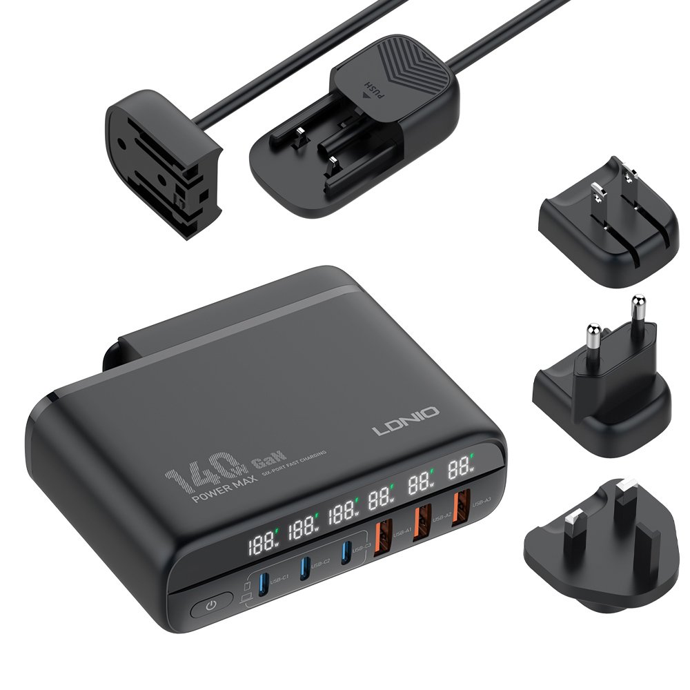 stathmos fortisis A140C, 3x USB-C/3x USB, 140W, PD/QC, GaN, mayros 5784 45W kai ano
