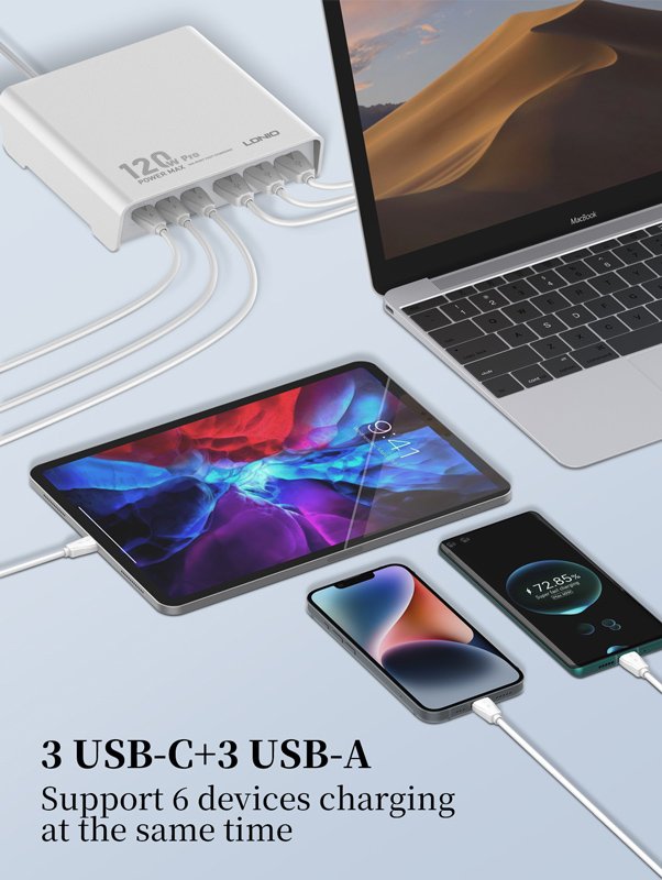 LDNIO σταθμός φόρτισης Q05, 3x USB-C & 3x USB, 120W, PD/QC, λευκός 5785 - Image 4