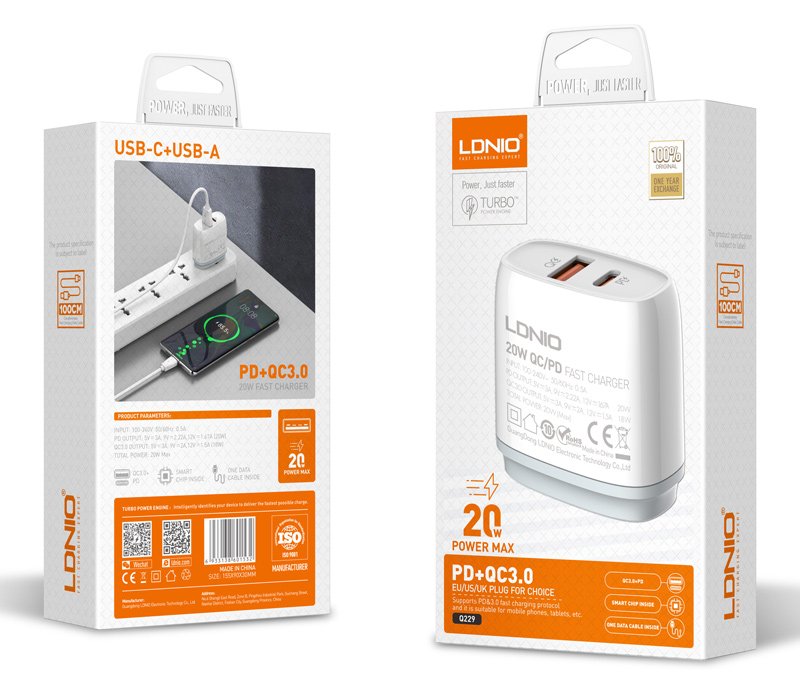 LDNIO φορτιστής τοίχου Q229 με καλώδιο, USB & USB-C, 20W PD, λευκός 5786 - Image 5