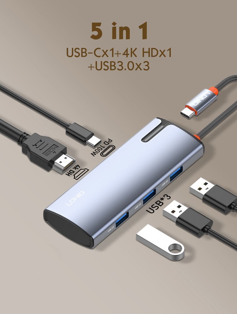 docking station DS-15H, 5 thyron, USB-C syndesi, 4K, 100W PD, gkri 7305 USB-C