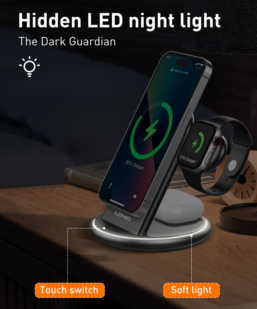 LDNIO ασύρματος φορτιστής WL02 με LED φωτισμό, 3 σε 1, 15W, μαύρος 8348 - Image 6