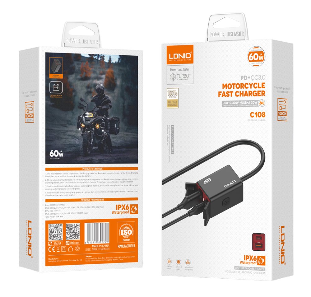 LDNIO φορτιστής μοτοσυκλέτας C108 με καλώδιο, USB/USB-C, 60W, μαύρος 8325 - Image 4