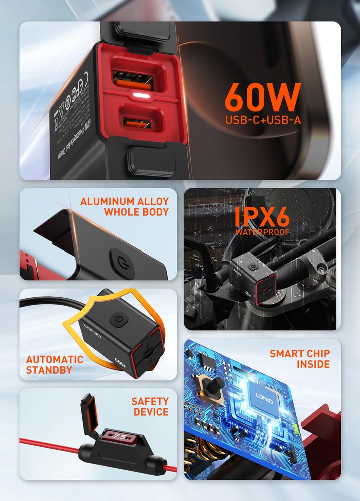 LDNIO φορτιστής μοτοσυκλέτας C108 με καλώδιο, USB/USB-C, 60W, μαύρος 8325 - Image 5