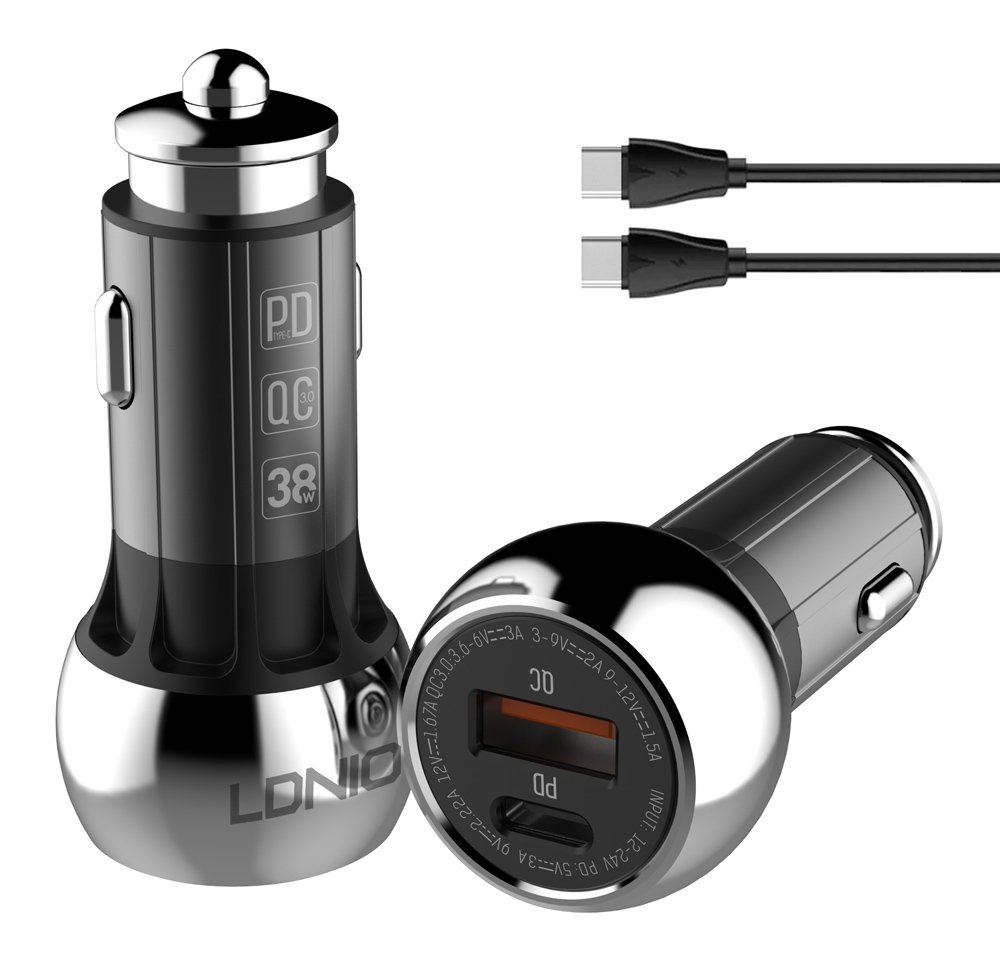 LDNIO φορτιστής αυτοκινήτου C1 με καλώδιο, USB & USB-C, 38W PD, μαύρος 5621
