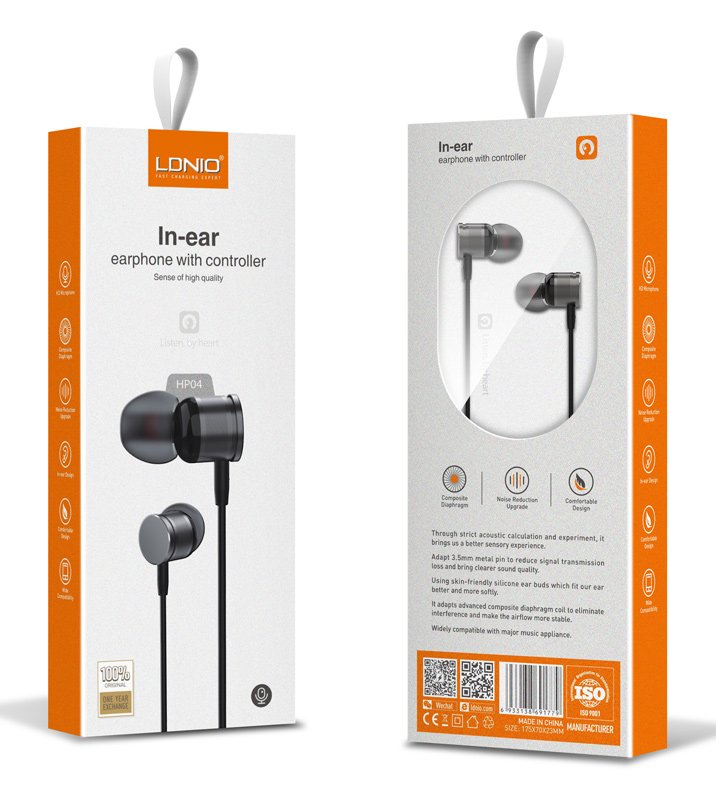 LDNIO earphones με μικρόφωνο HP04, 3.5mm σύνδεση, Φ10mm, 1.2m, γκρι 5666 - Image 3