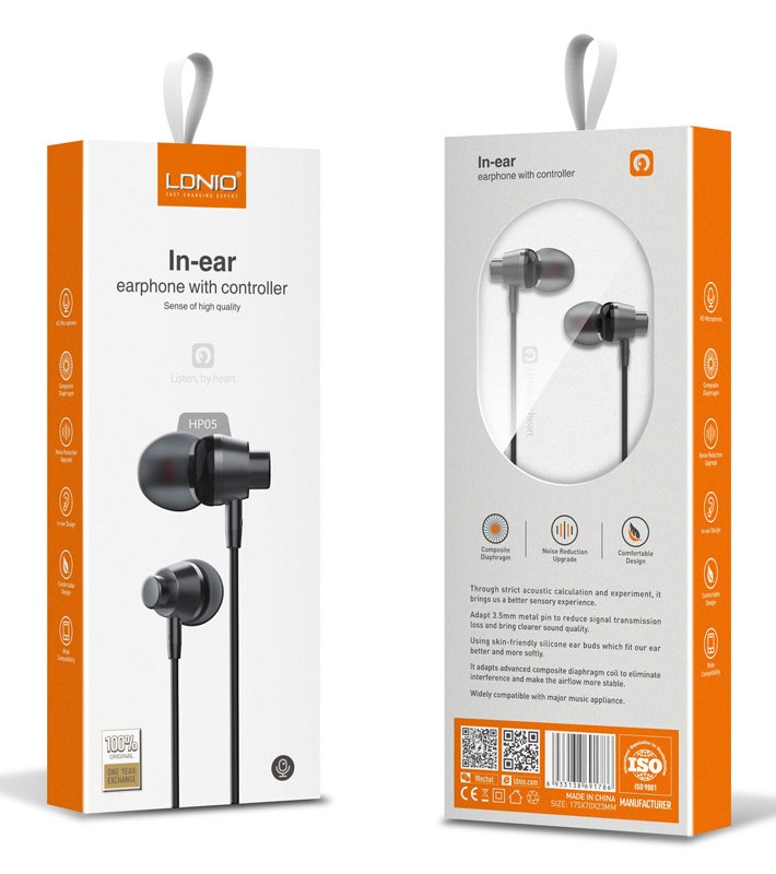 LDNIO earphones με μικρόφωνο HP05, 3.5mm σύνδεση, Φ10mm, 1.2m, γκρι 5667 - Image 3