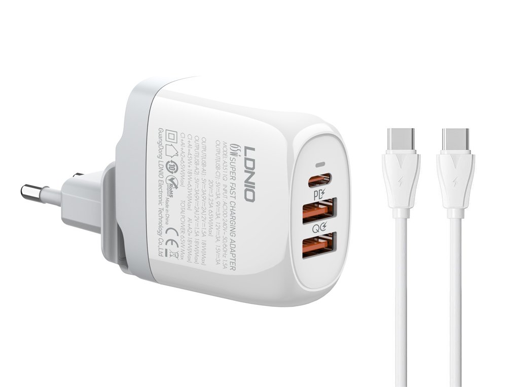 fortistis toichoy A3511Q me kalodio, USB-C/2x USB, 65W, GaN, leykos 5187 3