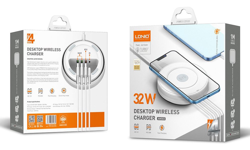 LDNIO σταθμός φόρτισης AW003, USB-C/3x USB/wireless, 32W, PD/QC, λευκός 9362 - Image 5