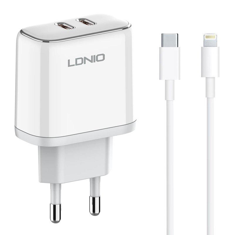 LDNIO φορτιστής τοίχου A2528M με καλώδιο, 2x USB-C, 35W, MFi, λευκό 5619