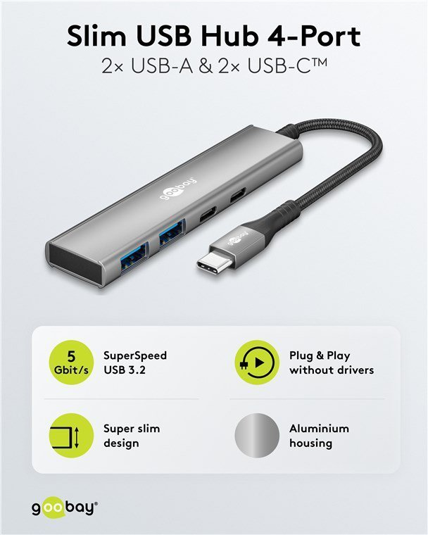 GOOBAY USB hub , 4x θυρών, USB 3.2, 5Gbps, USB-C σύνδεση, γκρι 9450 - Image 3
