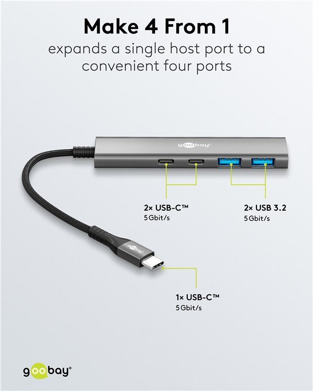 GOOBAY USB hub , 4x θυρών, USB 3.2, 5Gbps, USB-C σύνδεση, γκρι 9450 - Image 4
