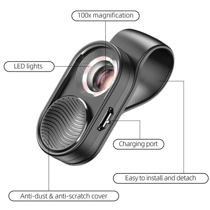 fakos mikroskopio gia smartphone kamera, 100x zoom, LED 6005 Mikroskopio 6
