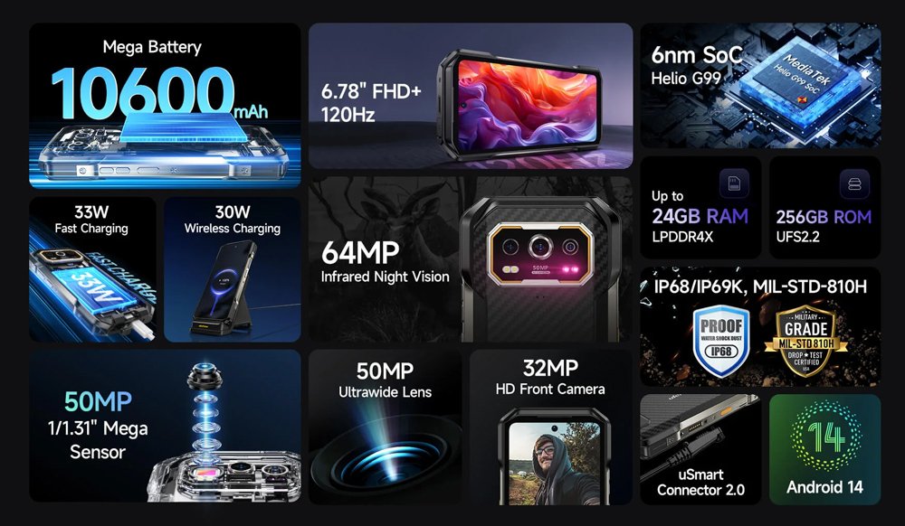 ULEFONE smartphone rmor 27, 6.78", 12/256GB, 10600mh, IP68/IP69K, μαύρο 8151 - Image 13