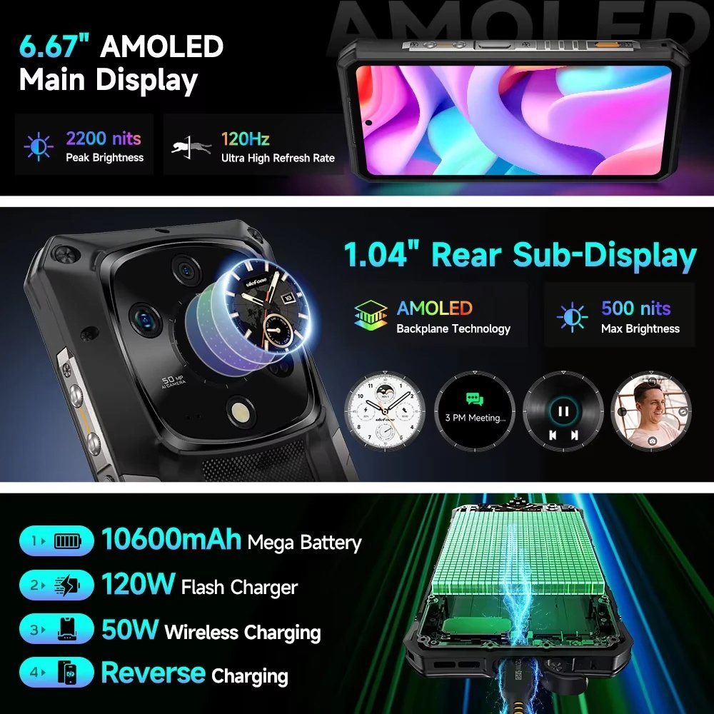 smartphone rmor 28 Pro, 6.67" & 1.04, 16/512GB, 5G, 10600mh, IP68/IP69K/MIL-STD-810H, mayro 9271 16GB